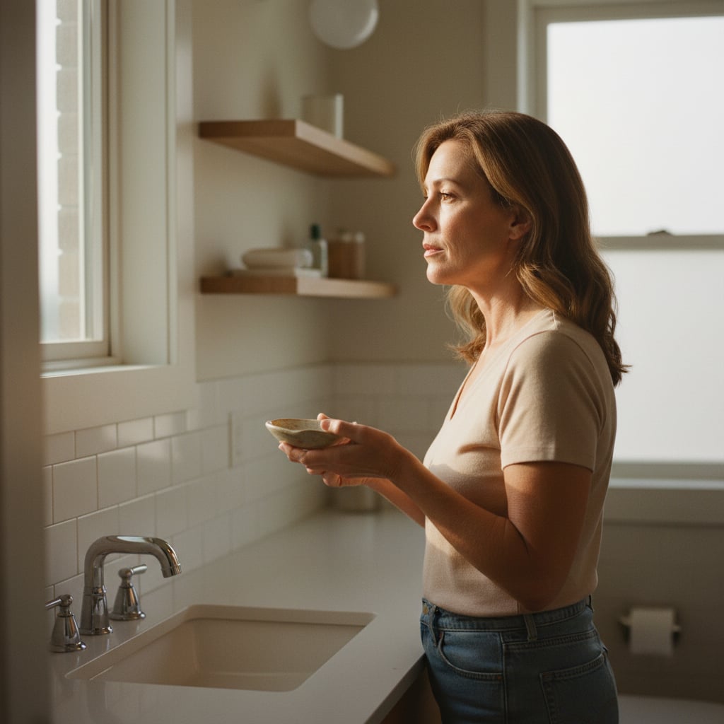 A woman in her early 50s at a bathroom counter in soft morning window light, examining her skin in the mirror.