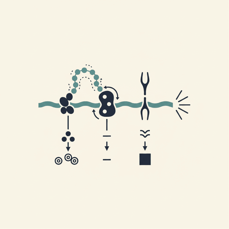 Schematic of retatrutide engaging three distinct cell-surface receptors (GIP, GLP-1, glucagon) on a cell membrane.