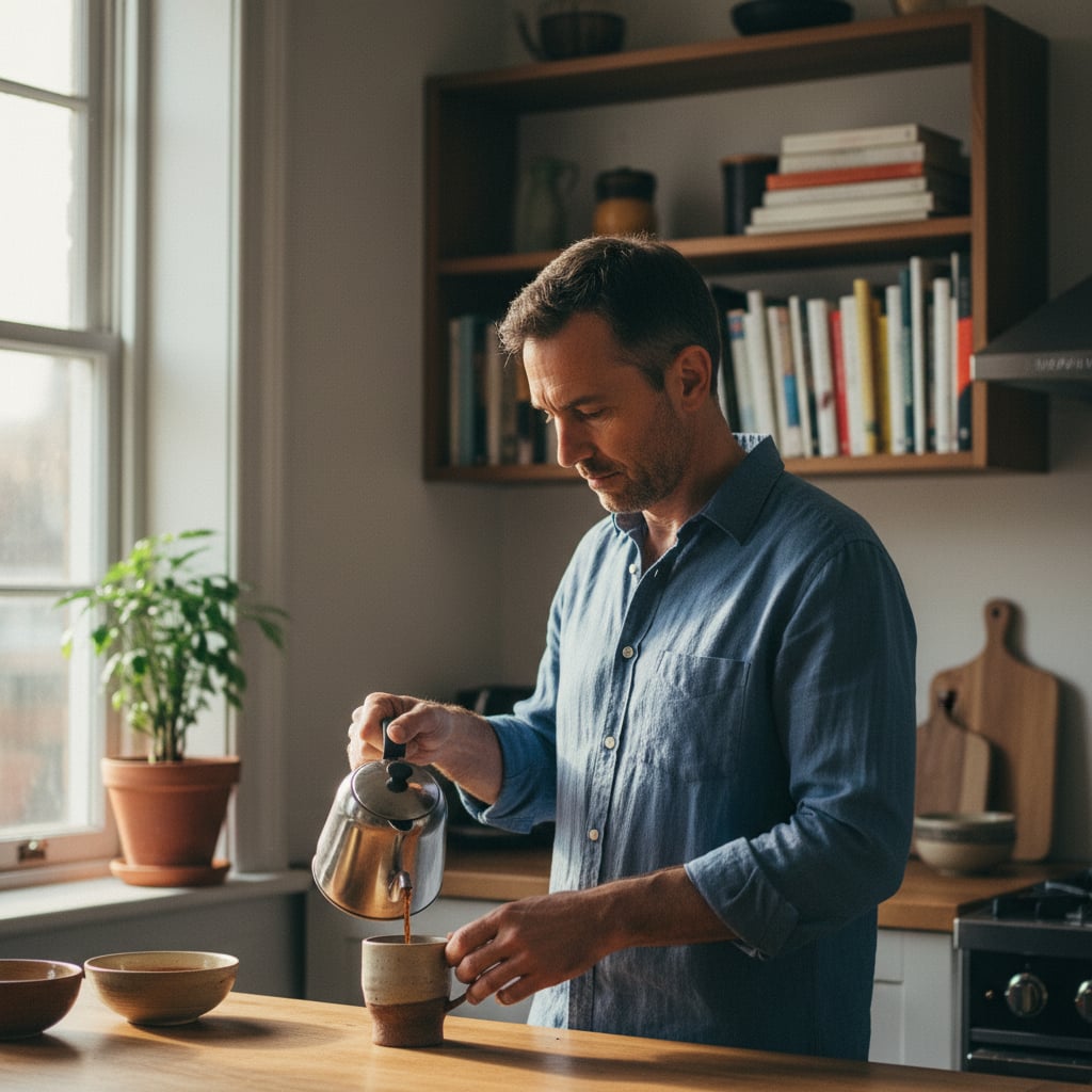 A man in his late 40s pouring coffee in a sunlit, lived-in apartment kitchen.